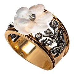 Anello da cocktail in oro giallo con diamante bianco taglio rosa e cristallo di rocca in stile Art Nouveau