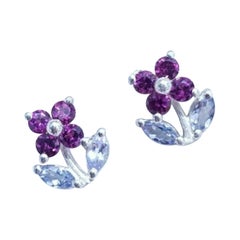 Purple Garnet Flower Shape Earrings 925 Silver Tanzanite Stud For Christmas Gift