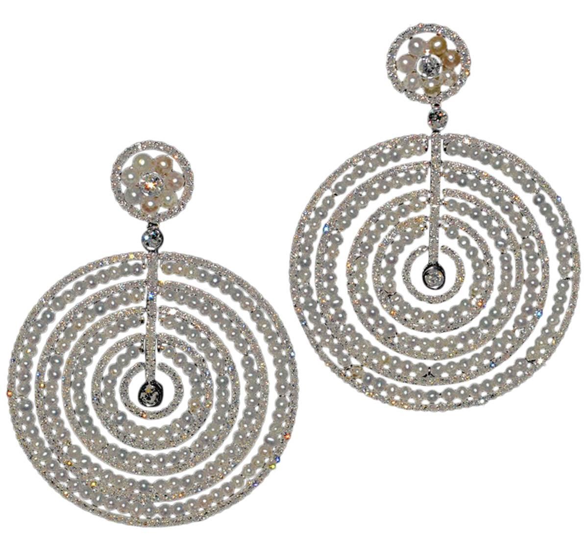Large Pearl Diamond Moveable Circle Earrings For Sale
