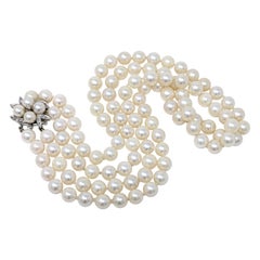 Vintage 14k Collana a doppio filo di perle Akoya con diamanti in oro bianco massiccio