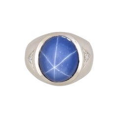 Bold Vintage Men’s Ring with GIA Lab-Grown Star Sapphire White Gold 14k