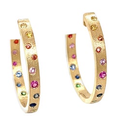 0.64 Carat Rainbow Sapphire and Tsavorite Flush Set Hoop Yellow Gold Earrings