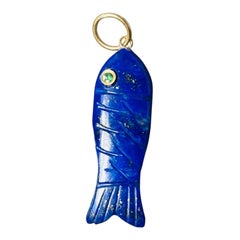 Triple Gem Fish Pendant, Lapis, Diamond, Emerald & 14k Gold