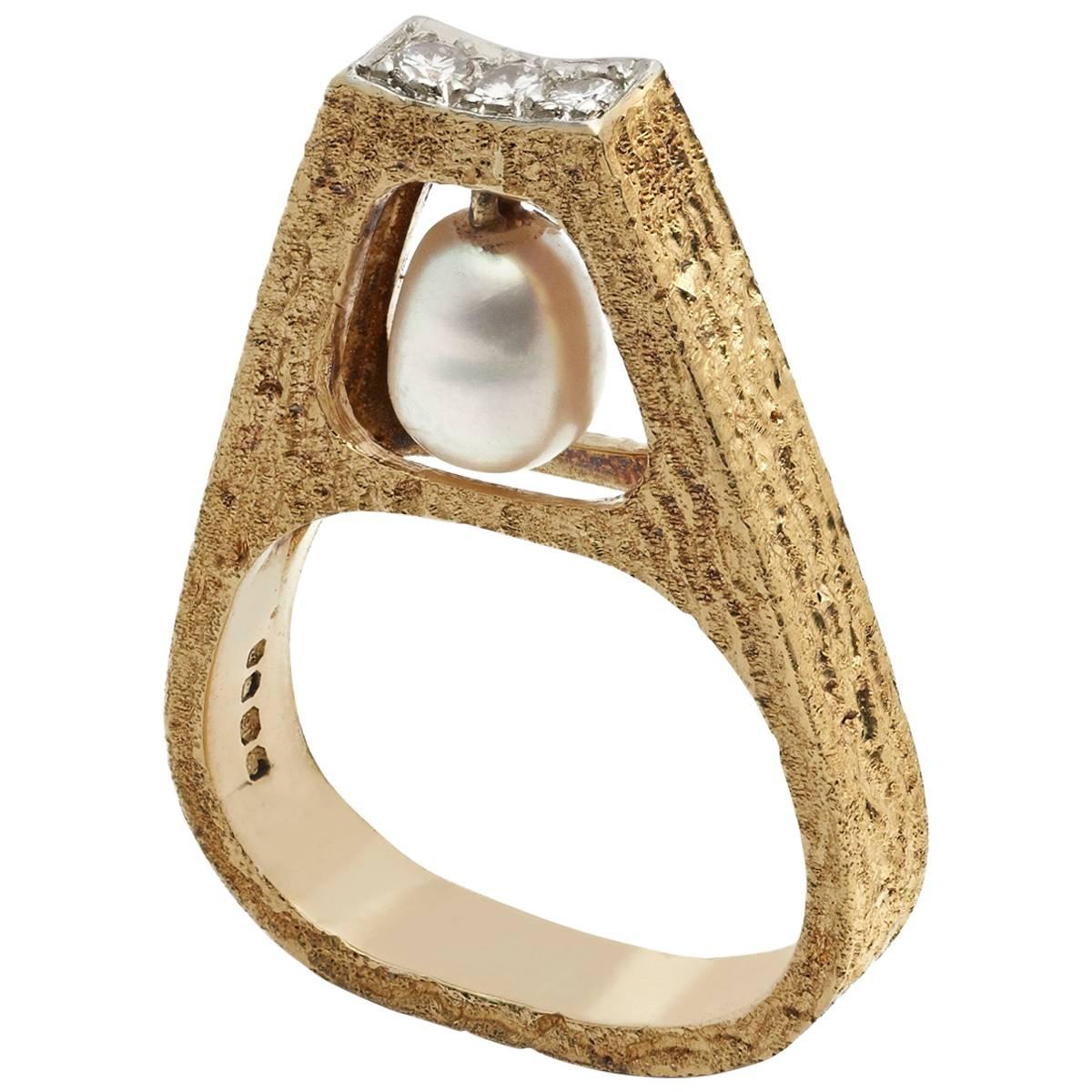 Andrew Grima Pearl Diamond Yellow Gold Ring, 1969