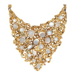 Large Brutalist Moonstone and Diamond Bib Necklace