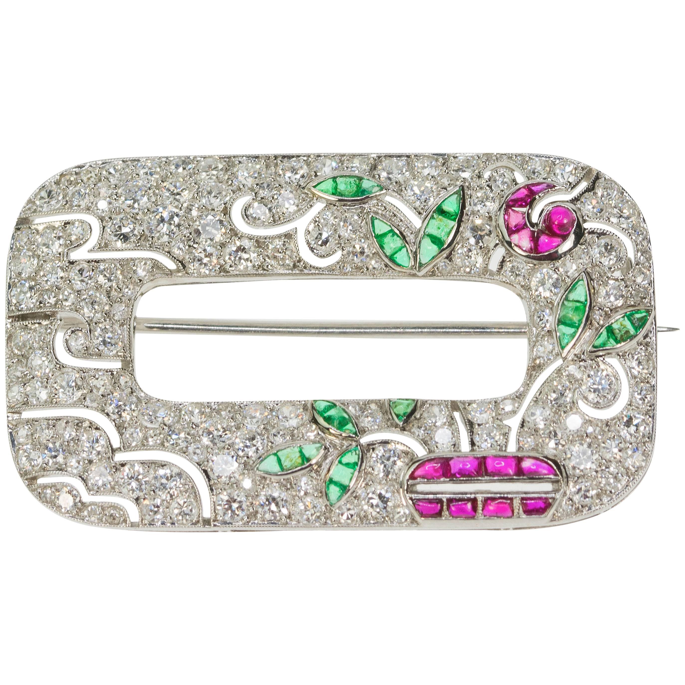 Art Deco Emerald Ruby Diamond Platinum Floral Brooch