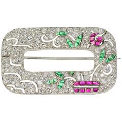 Art Deco Emerald Ruby Diamond Platinum Floral Brooch