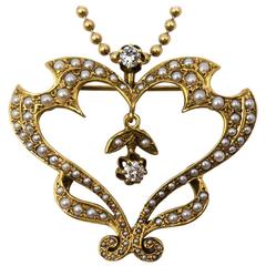 Charming Pearl Diamond Gold Ornate Heart Pendant Pin 5
