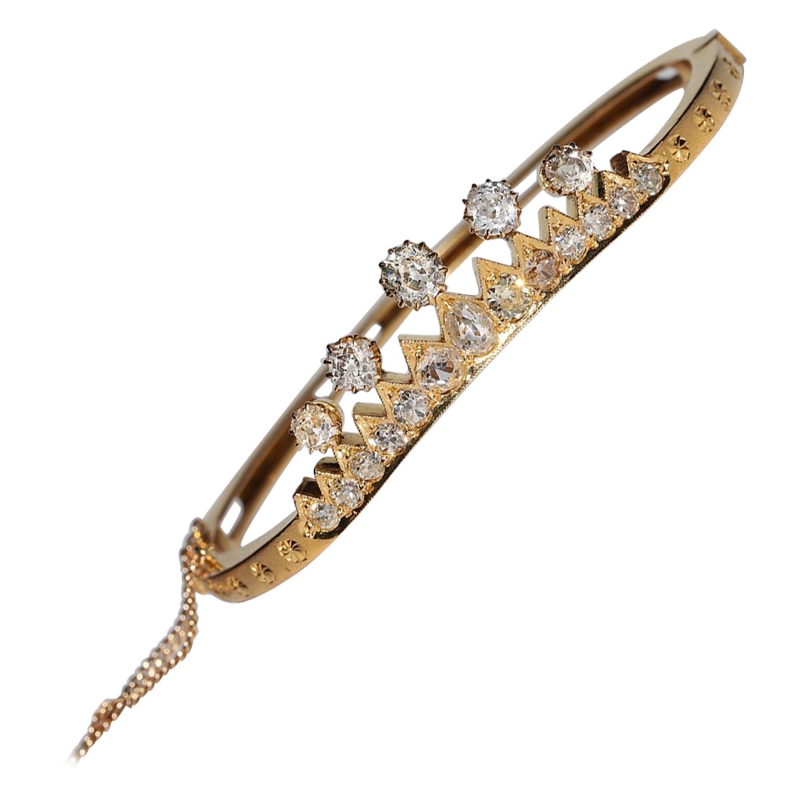 Bracciale antico in oro 18 carati vittoriano, circa 1900, con diamanti naturali taglio miniera