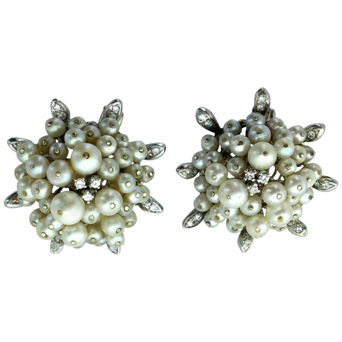 1955 Pearl Diamond Gold Earrings