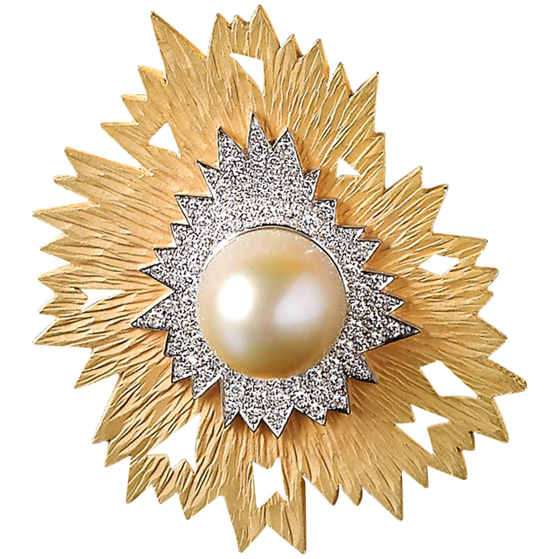 Andrew Grima South Sea Pearl Diamond Gold Brooch Pendant, 2002