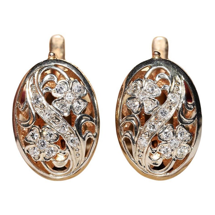 Boucle d'oreille vintage en or 14k Circa 1960 décorée de diamants naturels