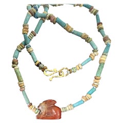 Ancient Egyptian Rabbit Hare Amulet Necklace 14K Gold Blue Faience 600-300 BC