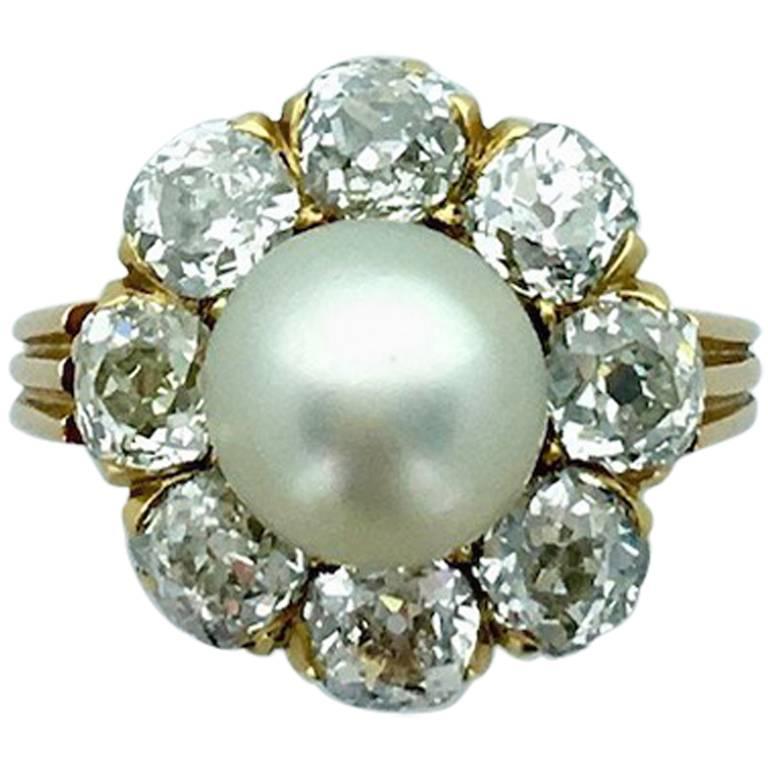 Early 20th Century Natural Pearl Diamond Gold Ring