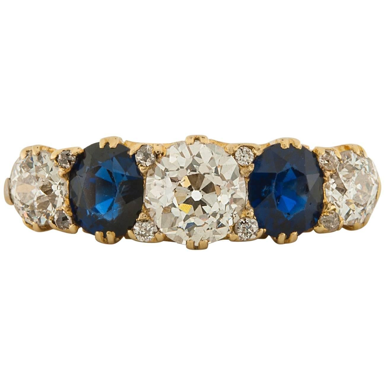 1900s Sapphire Diamond Yellow Gold Five-Stone Ring 
