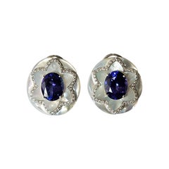 Set in 18K Gold, 7.16 carat Tanzanites, Mother of Pearls & Diamonds Stud Earring