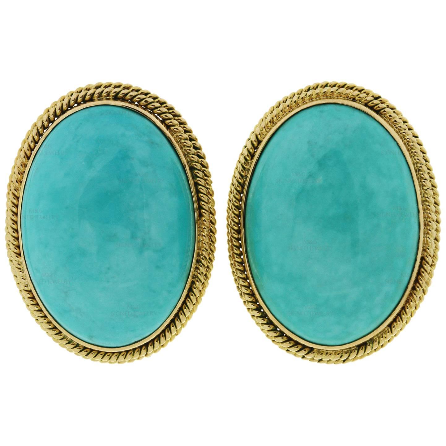 Retro Oval Cabochon Turquoise Gold Clip-On Earrings, 1960s For Sale