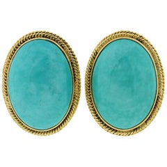Vintage Oval Cabochon Turquoise Gold Clip-On Earrings, 1960s