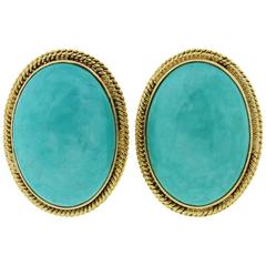Retro Oval Cabochon Turquoise Gold Clip-On Earrings, 1960s 3