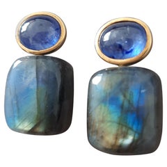 Labradorite Cushion Shape Cabs Blue Sapphire Cabs 14k Solid Gold Stud Earrings
