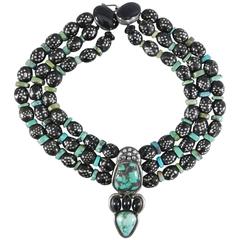 Eileen Coyne Turquoise Onyx and Sterling Inlaid Ebony Necklace