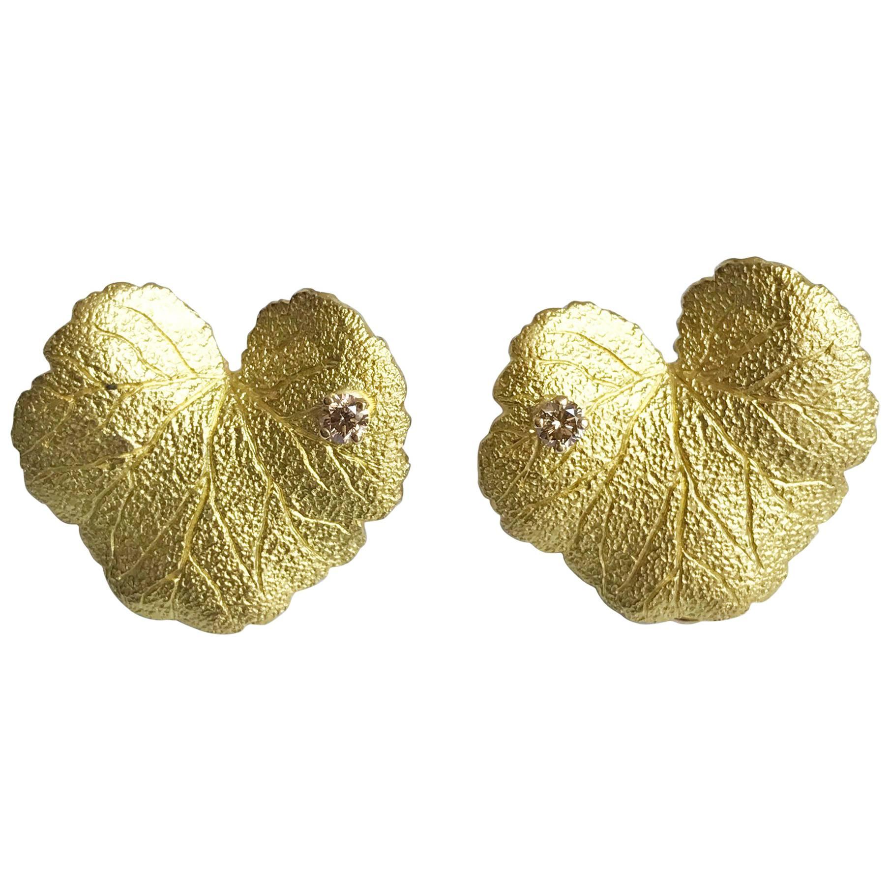 Andrew Grima Diamond Yellow Gold Geranium Leaf Earclips, 2004 For Sale