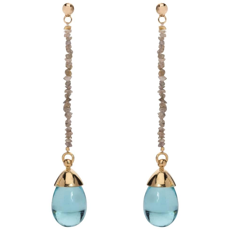 MAVIADA's Rough Cut Diamond Aqua Blue Quartz Stone 18 Karat Gold Drop Earrings