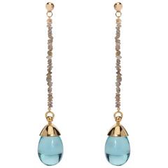 MAVIADA's Rough Cut Diamond Aqua Blue Quartz Stone 18 Karat Gold Drop Earrings