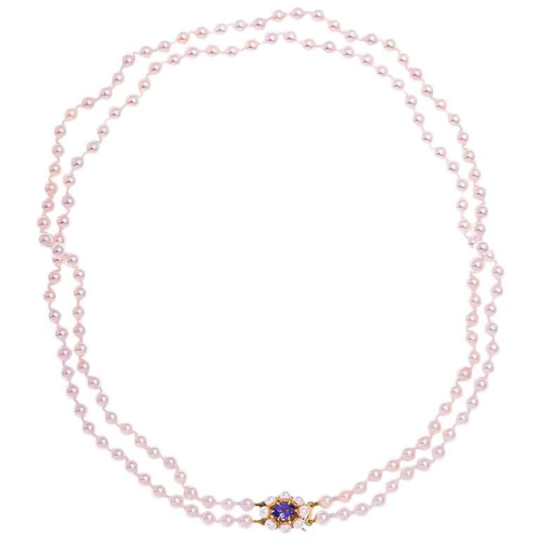 Double Row Akoya Pearl Necklace with Gold Tanzanite Clasp