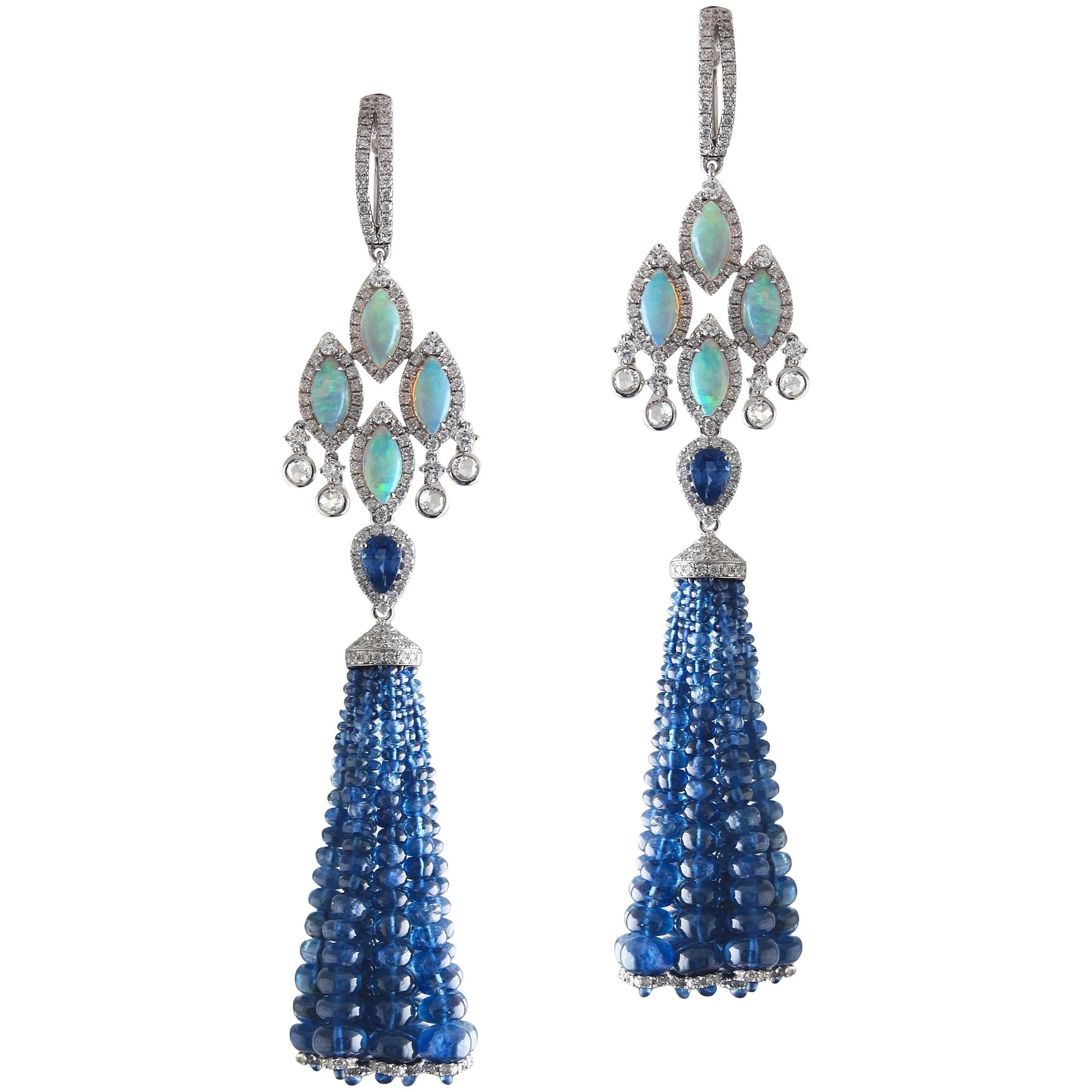 Ethiopian Opal Blue Sapphire Diamond Tassel Earrings For Sale