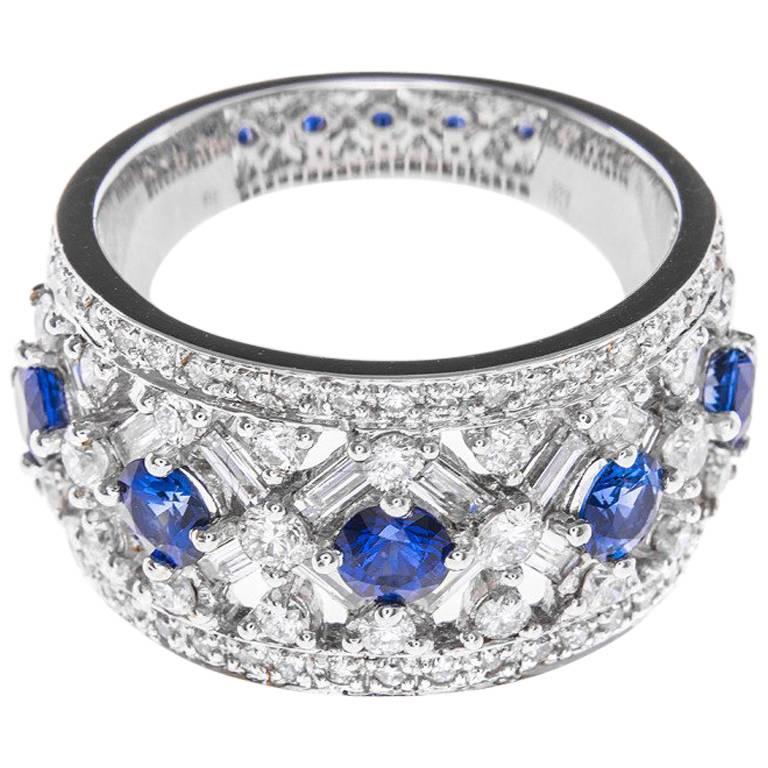 White Gold 1.22 Carat Diamond and Sapphire Dress Ring For Sale