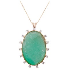 Carved Emerald Cameo Diamond Pendant GIA Report Yellow Gold Chain