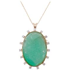 Carved Emerald Cameo Diamond Pendant With GIA Report Yellow Gold Chain 8