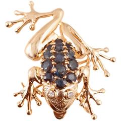 Blue Sapphire Yellow Gold Frog Brooch