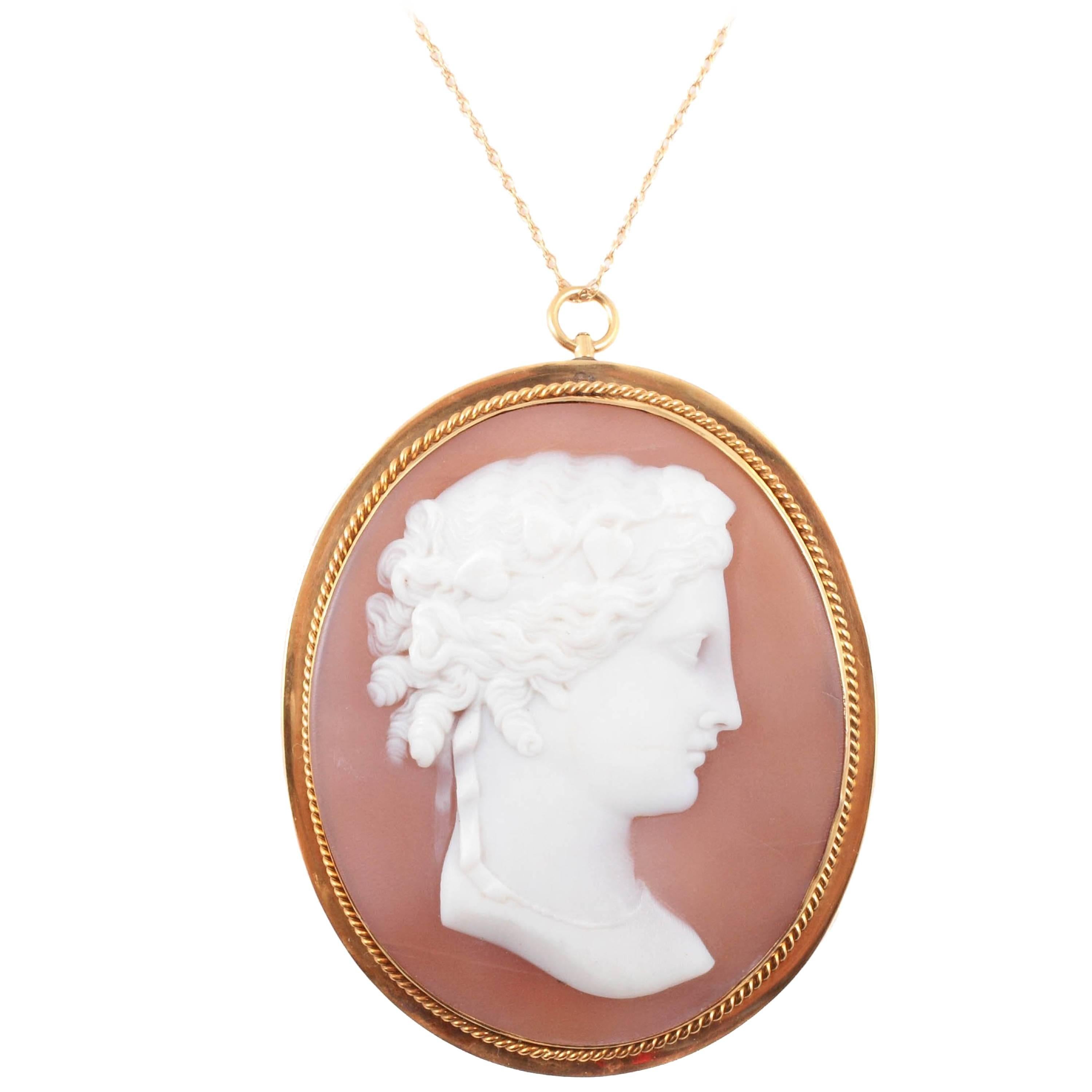 Large Shell Cameo Brooch Pendant on Yellow Gold Filled Chain For Sale