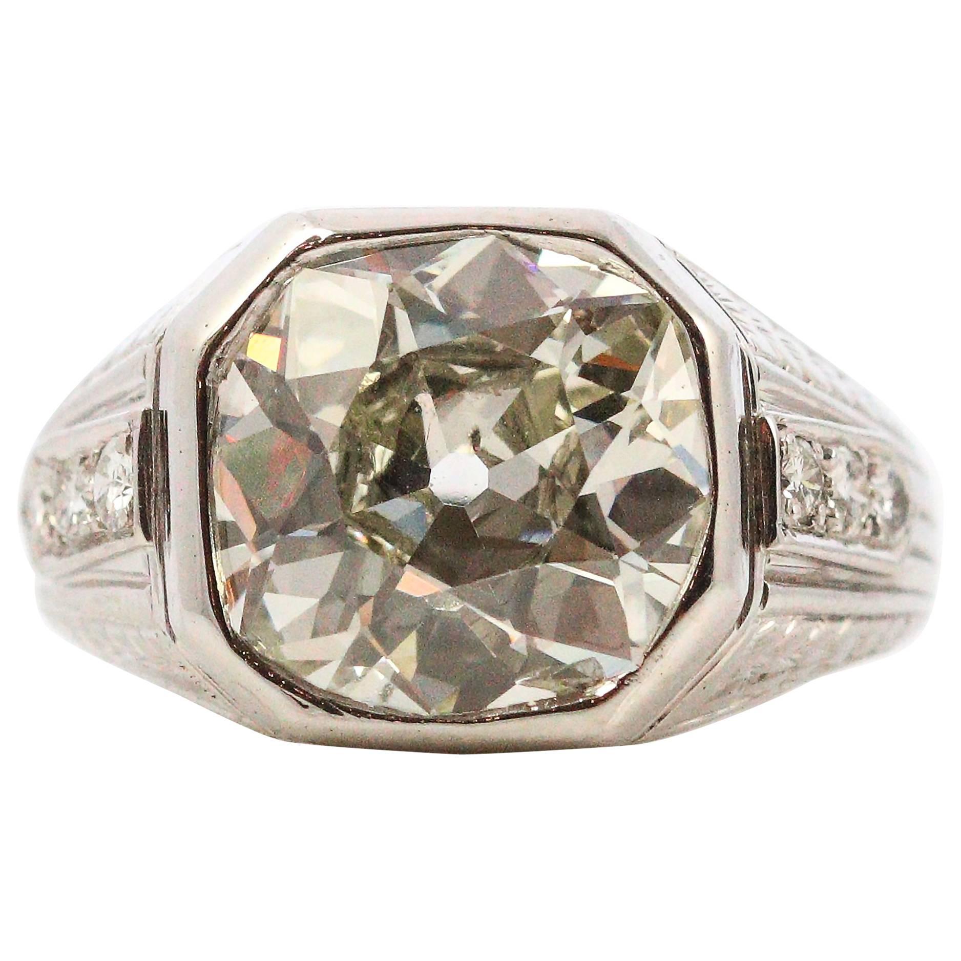 Art Deco 5.19 Carat Old Mine Cut Diamond Platinum Ring