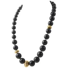 David Yurman Onyx and Sculpted Cable Gold Bead Necklace