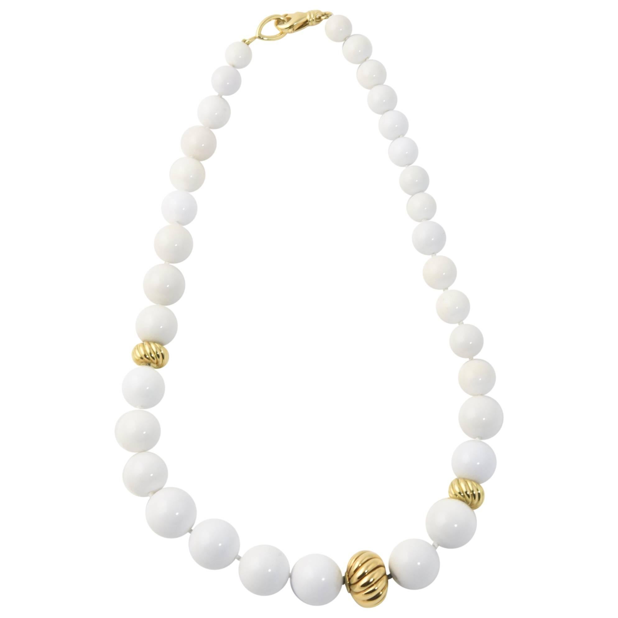 David Yurman White Agate and Sculpted Gold Bead Necklace