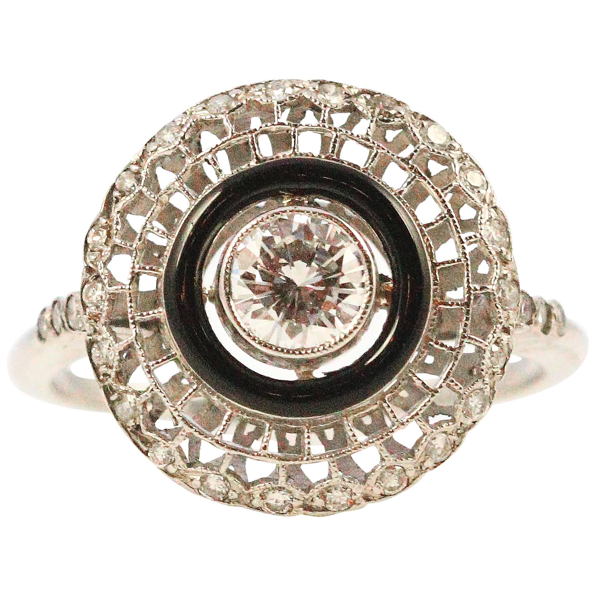 Late 1940s Onyx Diamond Platinum Bull's Eye Style Ring