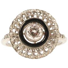 Late 1940s Onyx Diamond Platinum Bull's Eye Style Ring