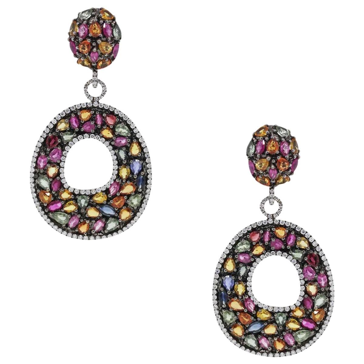 Multi-Color Sapphire Diamond Black Rhodium Earrings