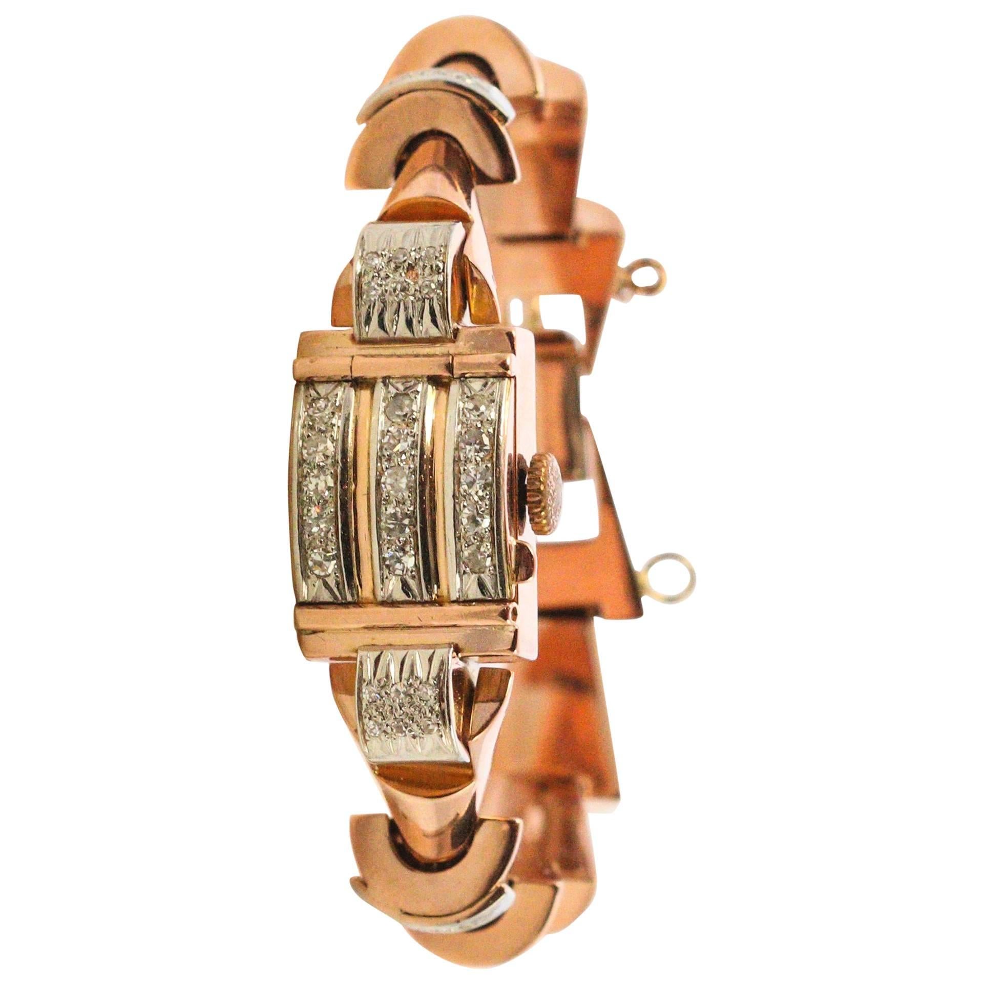 Girard Ladies Rose Gold Diamond Wristwatch with Flip Cover, 1940s