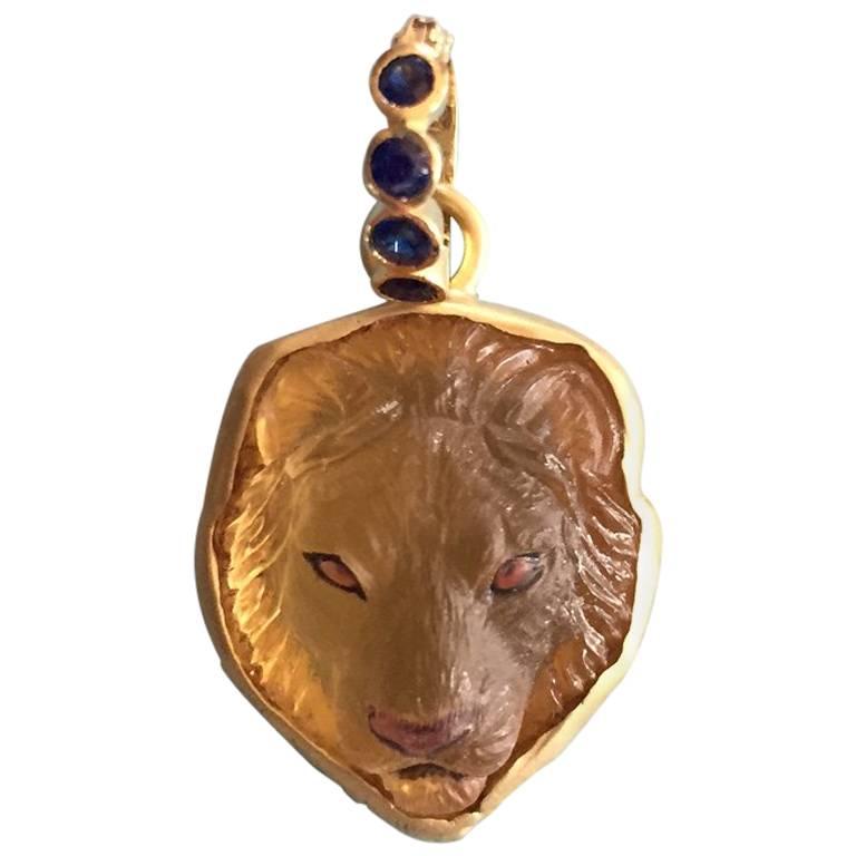 Hand-Carved Citrine Gold Lion Pendant