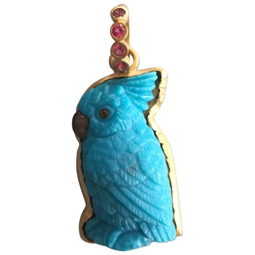 Hand-Carved Turquoise Gold Parrot