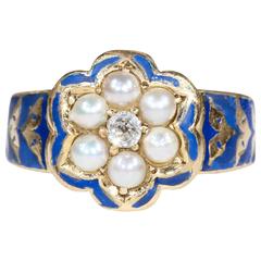Antique Victorian Blue Enamel Pearl Diamond Memorial Ring
