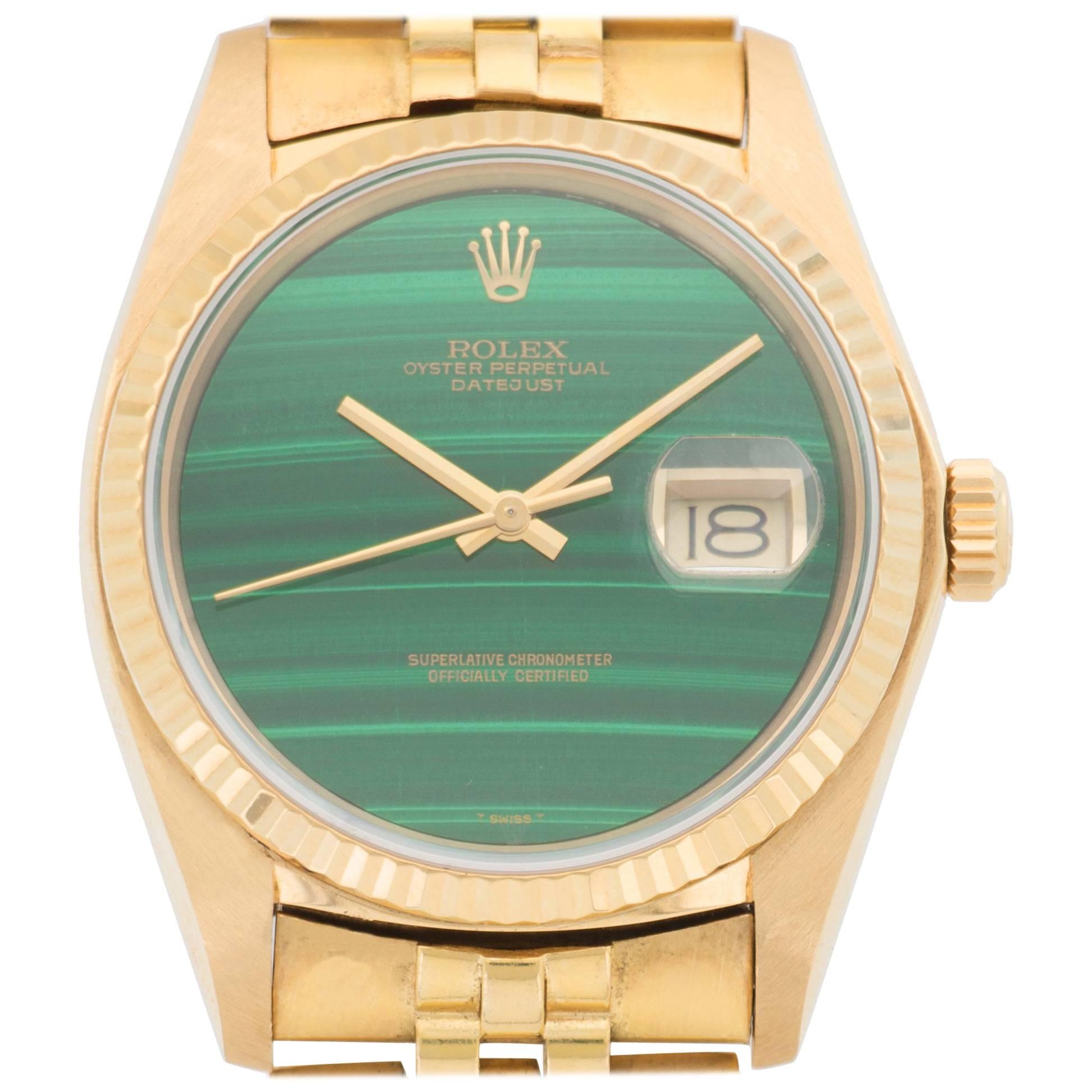 Rolex Yellow Gold Datejust Malachite Dial Automatic Wristwatch Model 16018