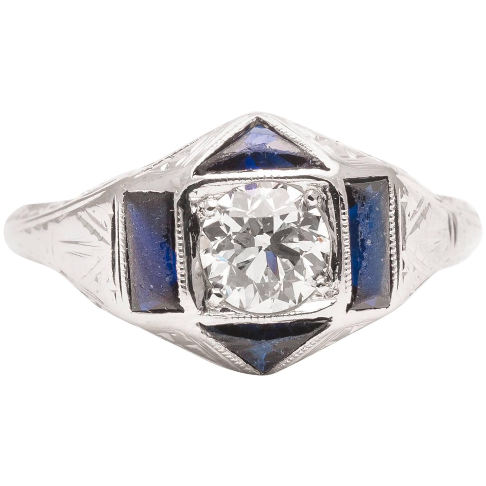 Belais Brothers Art Deco Sapphire Diamond White Gold Engagement Ring For Sale