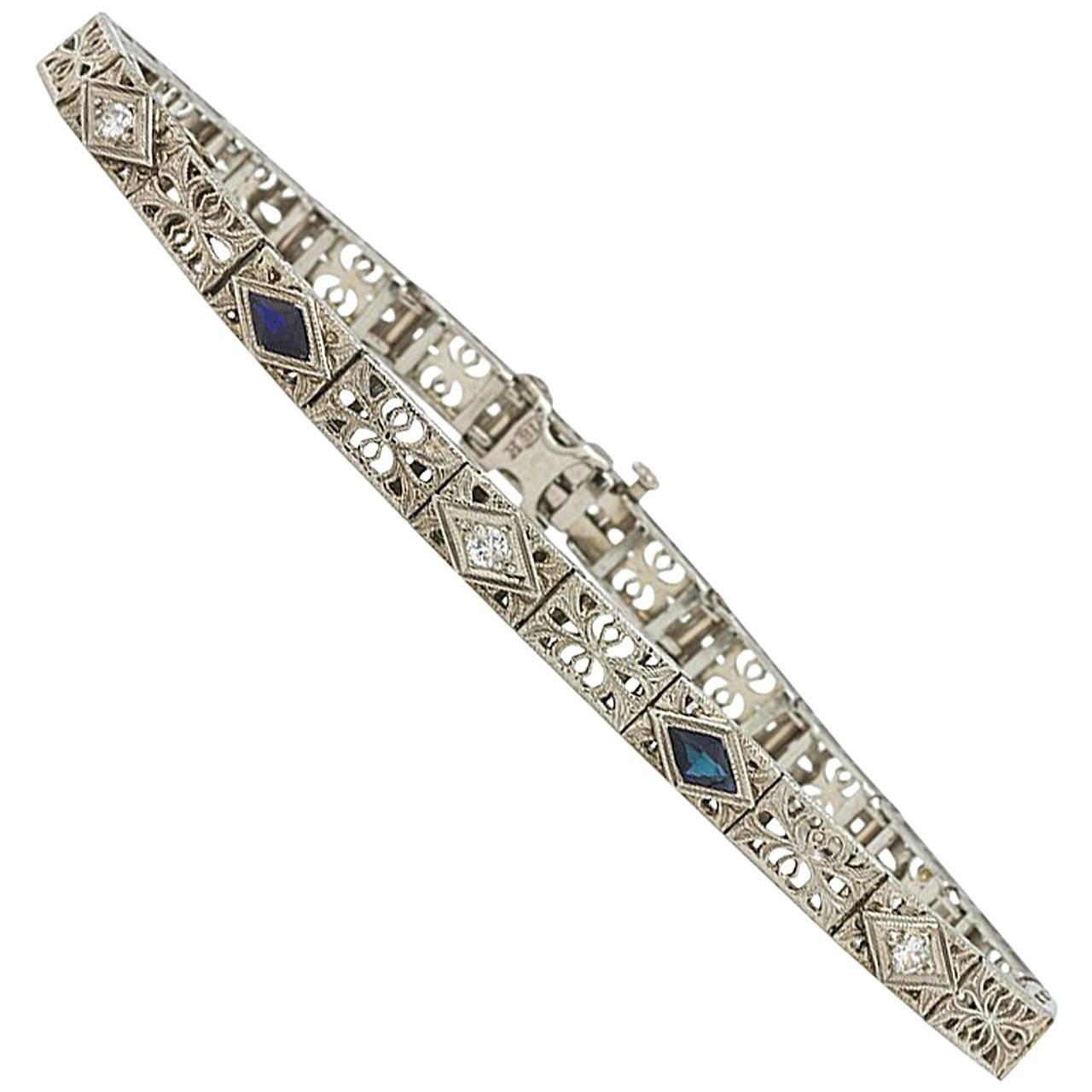 Elegant Sapphire Diamond White Gold Filigree Bracelet