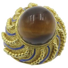 Tiger's Eye Blue Enamel Gold Ring 10