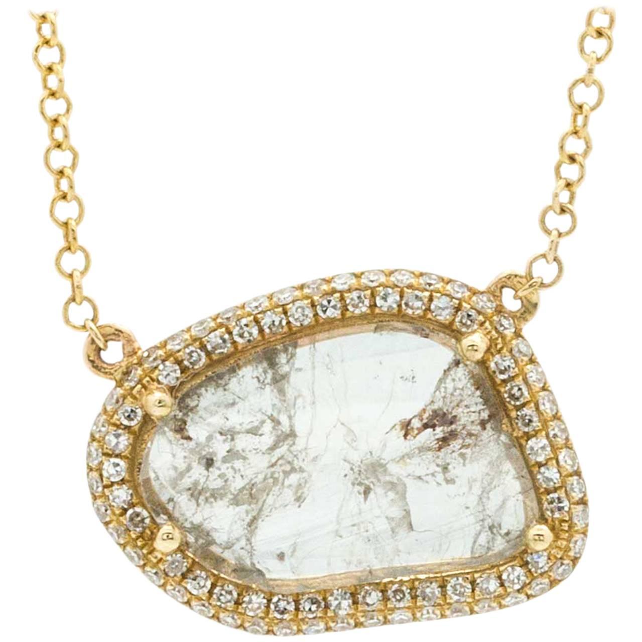 Contemporary Yellow Gold Pave Diamond Slice Pendant Chain Necklace For Sale